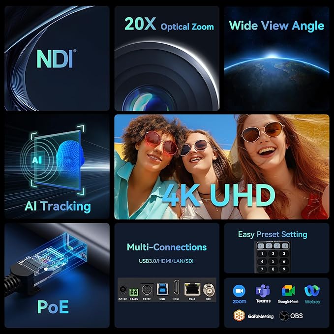 4K NDI PTZ Camera AI Auto-Tracking 20X Optical Zoom HDMI IP Live Streaming SDI - Image 2