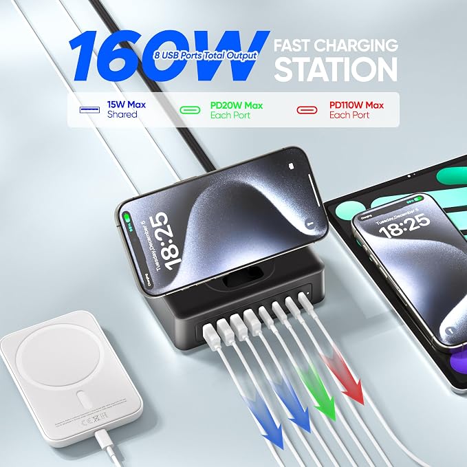 160W USB Charging Station Power Strip, 11-in-1 USB C Charger Block, 2AC Outlets - Image 4