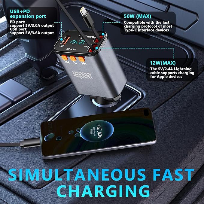 Retractable Car Charger, 5 in 1 Fast Cars Phone Charger 60w, Handsfree Call - Image 3