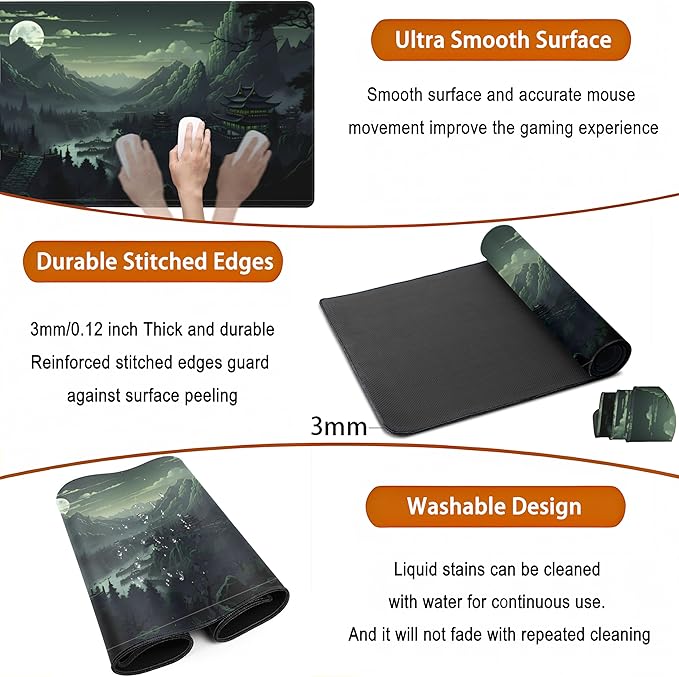 XXL Large Gaming Mouse Pad Anime Green Moon Mountains Desk Mat, Desk Decor - Image 5
