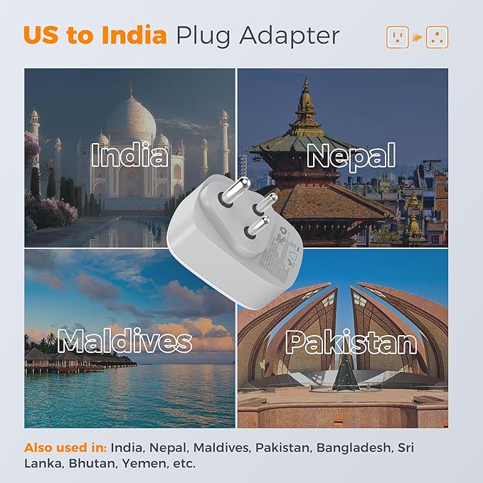 2 Pack US to India Plug Adapter, TESSAN Type D Travel Adapter - Image 2