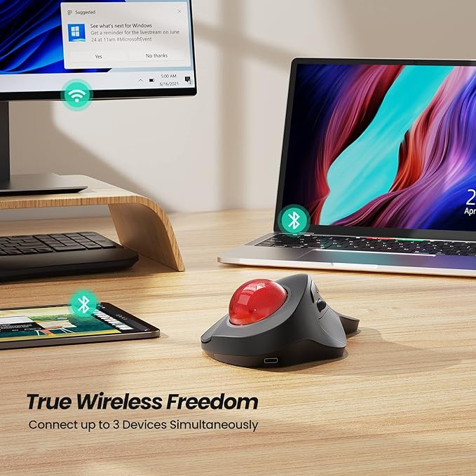 Nulea Wireless Ergonomic Trackball Mouse, Rechargeable, 44mm Index Finger - Image 6