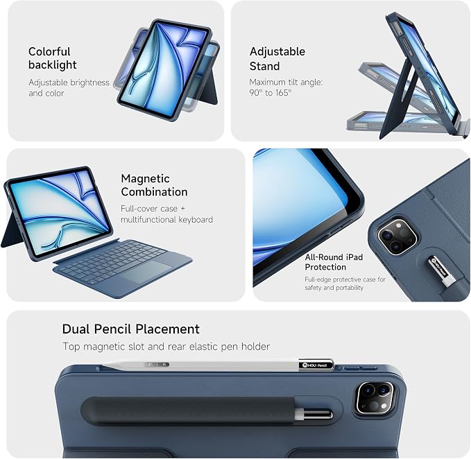 HOU iPad Air 11 Case with Keyboard Detachable Rotatable Magnetic Full - Image 3