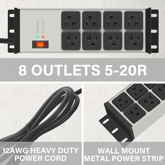 CCCEI Grey Heavy Duty Power Strip Surge Protector 20 AMP, 8 Outlets 12 Gauge - Image 3