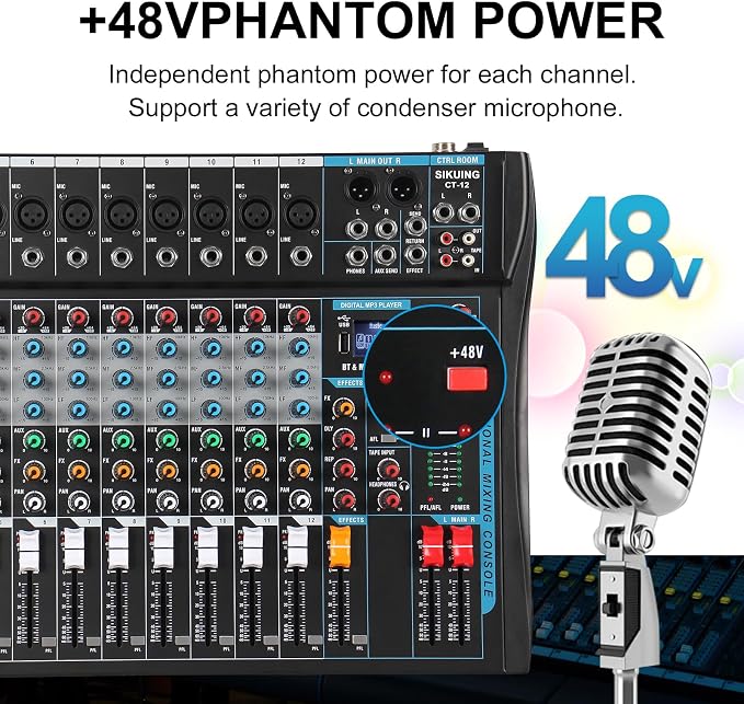 12 Channel Audio Interfacer Sound Board Mixer DJ Mixer 16-Bit DSP Effect USB - Image 8