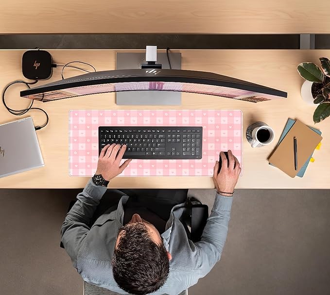 Pink Minimalist Gingham Floral Desk Mat Gaming Mouse Pad Large Cute Pastel Desk - Image 5