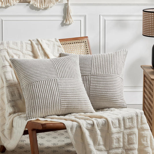 Fancy Homi 2 Packs Neutral Grey Decorative Throw Pillow Covers 20x20 Inch for Living Room Couch Bed Sofa, Farmhouse Boho Home Decor, Soft Corss Corduroy Patchwork Accent Square Cushion Case 50x50 cm