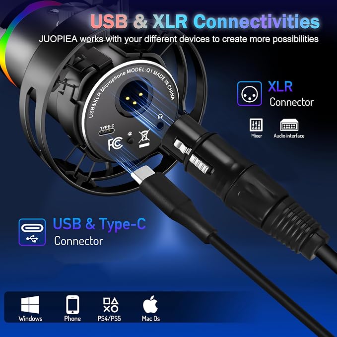 JUOPIEA XLR/USB Gaming Microphone Kit, Dynamic Mic - Image 3