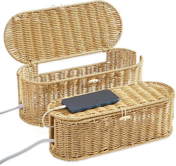 FairyHaus Cable Management Box 2Pack Caramel, Handwoven Large and Small Cable by FairyHaus