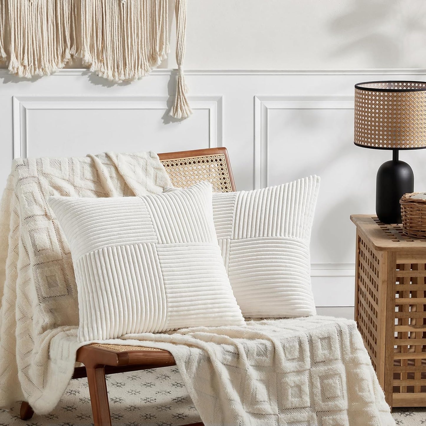Fancy Homi 2 Packs Cream White Samll Decorative Throw Pillow Covers 14x14 Inch with for Couch Bed Sofa, Rustic Farmhouse Boho Home Decor, Soft Corss Patchwork Corduroy Square Cushion Case 35x35 cm
