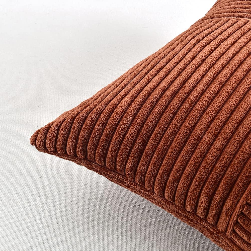 Fancy Homi 2 Packs Rust Lumbar Decorative Throw Pillow Covers 14x24 Inch for Couch Bed Sofa, Rustic Farmhouse Boho Home Decor, Soft Striped Corduroy Rectangle Accent Terracotta Cushion Case 35x60 cm