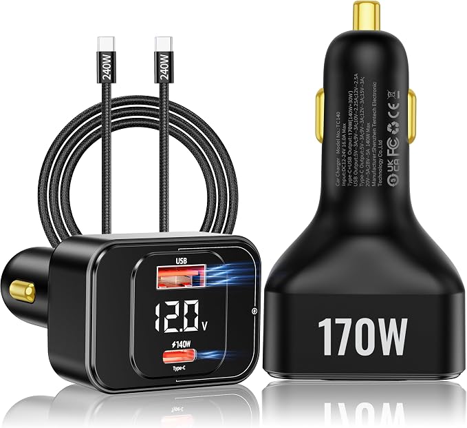 170W PD3.1 Car Charger with LED Voltage Display, USB-C Cigarette Lighter by USHIGOO