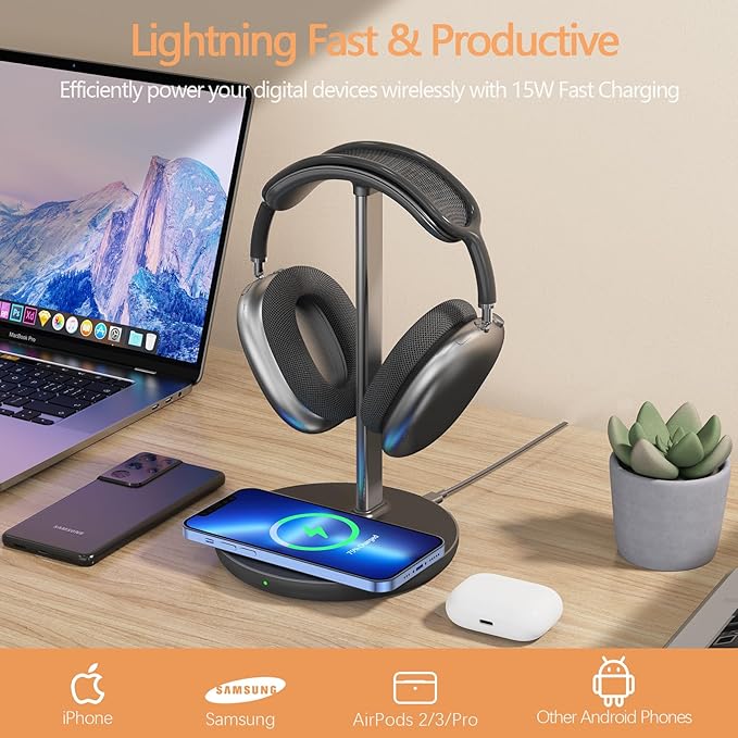 Headphone Stand with Wireless Charger, Gaming Headset Holder Hanger Rack 2 IN 1 - Image 3