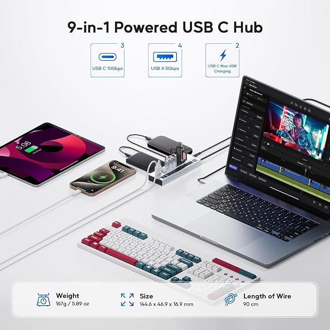 Powered USB C Hub, PULWTOP 9-in-1 USB-Hub suppprt 10Gbps & PD 45W Max Charging - Image 6