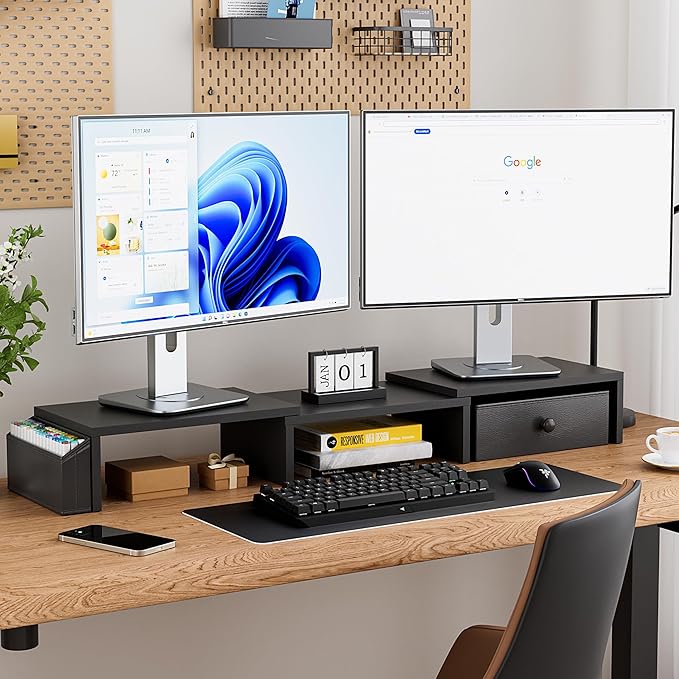 Dual Monitor Stand Riser, Adjustable Length & Swivel Angle Monitor Stand - Image 2