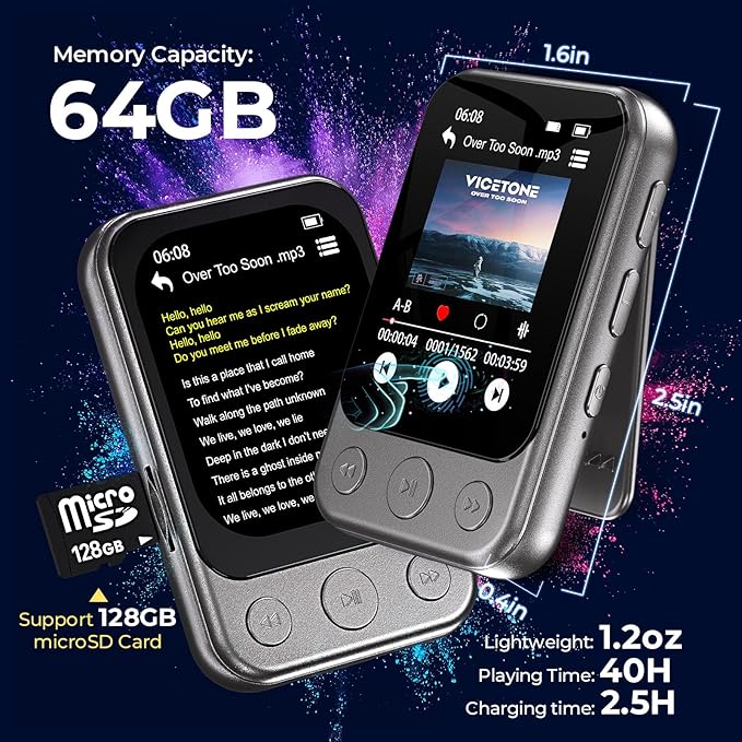 64GB Clip on MP3 Player with Bluetooth 5.3, Built-in Speaker, FM Radio - Image 4