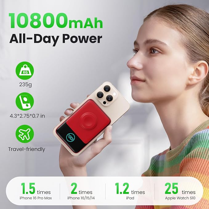 Magnetic Portable Charger for iPhone, 3-in-1 10800mAh Qi2 15W Wireless Power - Image 4