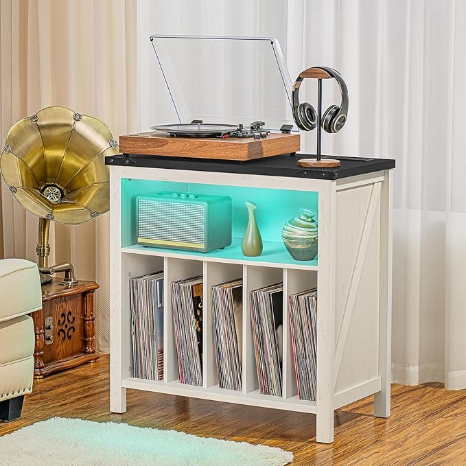 Large Record Player Stand with Charging Station & LED Lights, Vinyl Records - Image 5