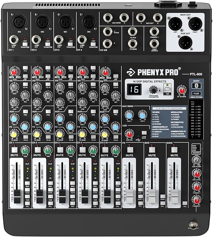 Professional 6-Channel Audio Mixer, Phenyx Pro DJ Sound Mixer Board w/Flexible by PhenyxPro