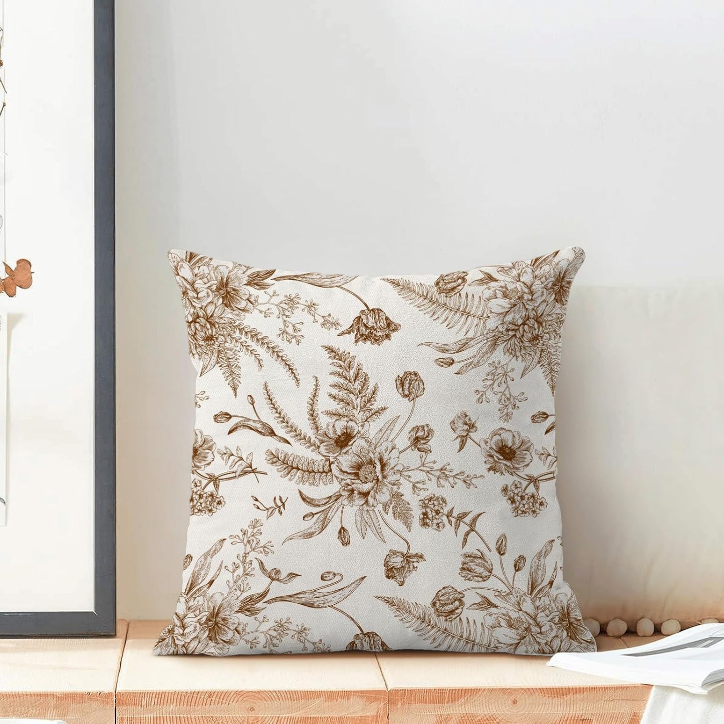 CXMEIFLY Spring Floral Leaves Pillow Covers 16 x 16 Inch Set of 2 for Chinoiserie Flowers Decor Throw Pillows Brown and White Seasonal Plant Outdoor Decorative Cushion Cases for Couch Bed Decorations