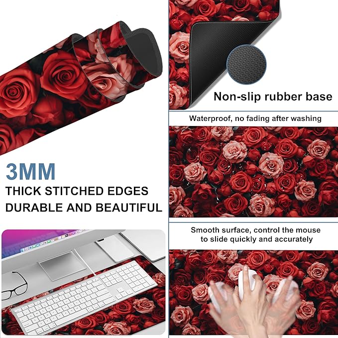 Beautiful Natural Roses Gaming Mouse Pad 3mm Thick Stitched Edge Waterproof - Image 2