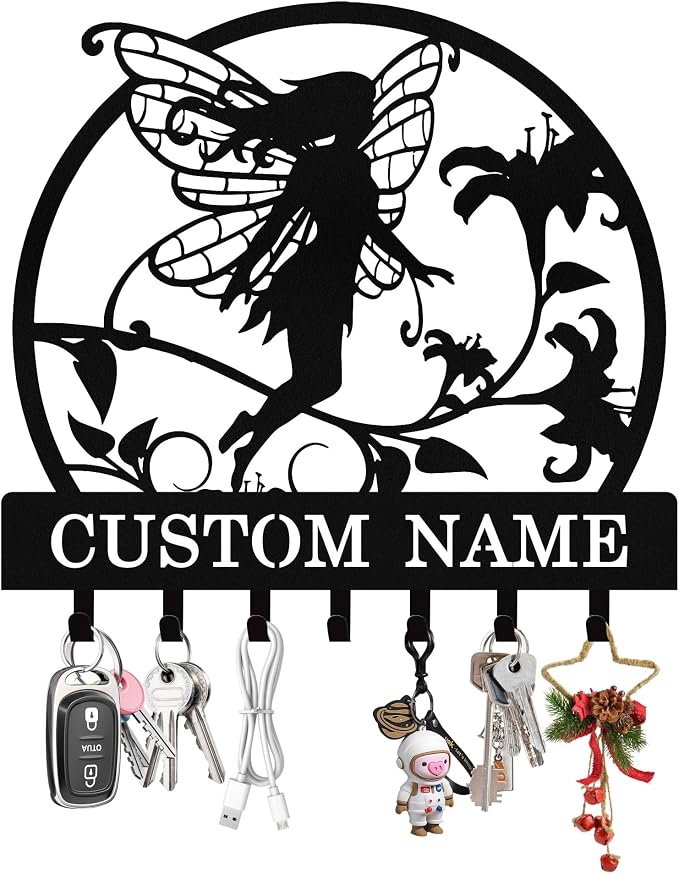 Personalized Fairy Key Holder Wall Mount, Custom Metal Key Rack Key Holder by Syneiro