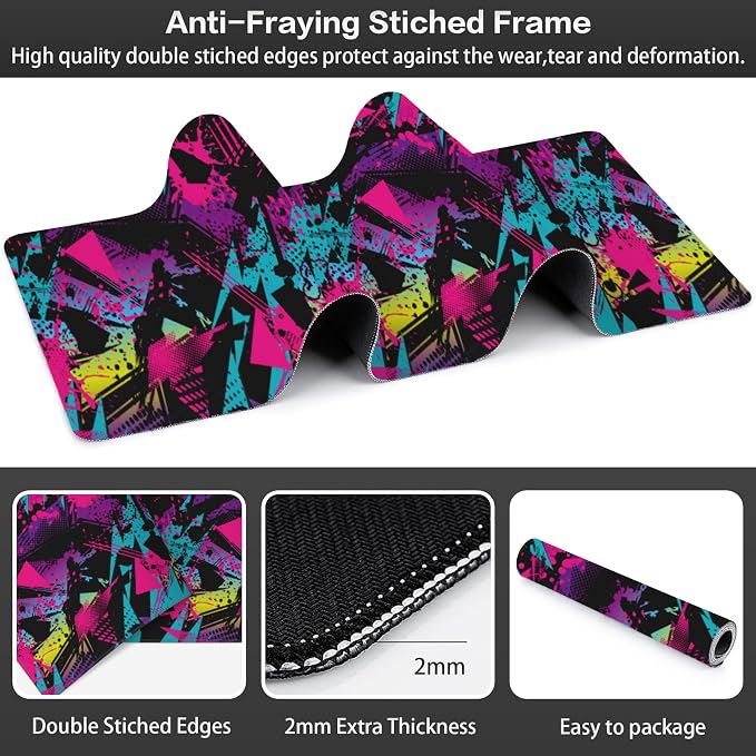 Abstract Grunge Elements Desk Mat, Large Neon Color Patterns Gaming Keyboard - Image 3