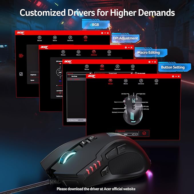 acer Wired Gaming Mouse, 800 DPI RGB Ergonomic Computer Mouse - Image 6