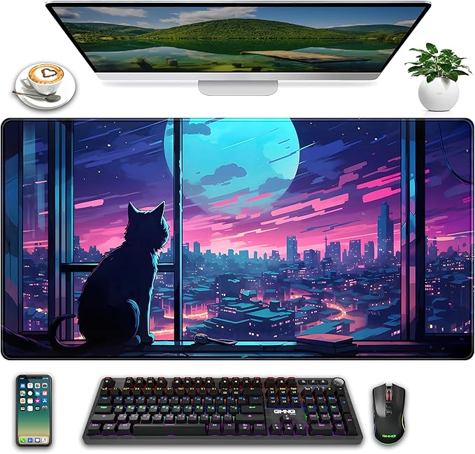 Cool Purple Kawaii Anime Moom Cat Desk Mat XXL Large Gaming Mouse Pad, Cute by LuckyCow