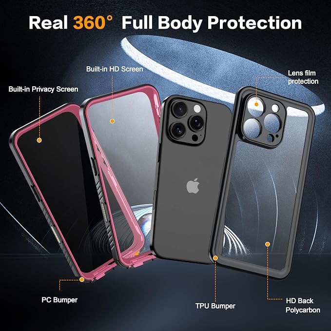 for iPhone 16 Pro Case Waterproof, Built-in Privacy Screen & HD Screen Double - Image 2