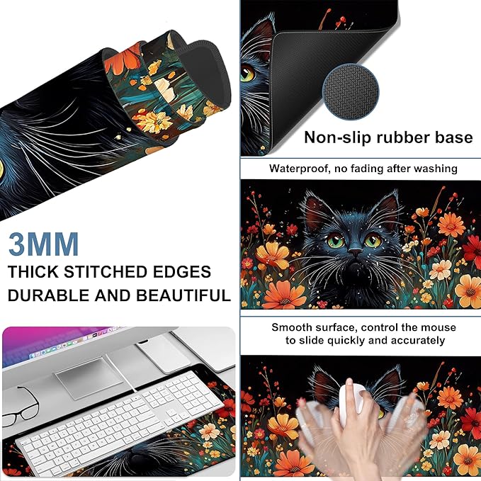 Black Cat and Flowers Gaming Mouse Pad 3mm Thick Stitched Edge Waterproof - Image 2