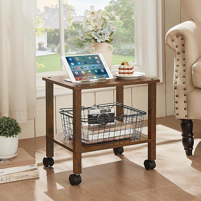 2 Tier Printer Stand with Storage, Under Desk Shelf Printer Table, Rolling - Image 6