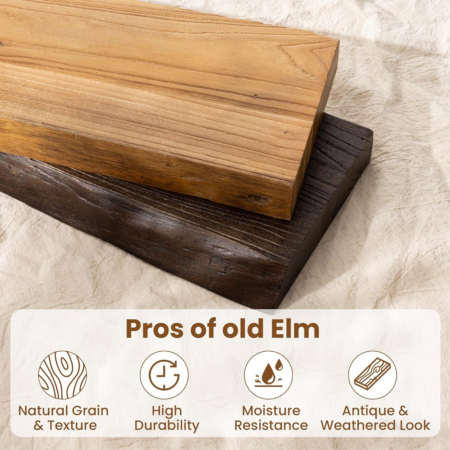 Solid Elm Wood Floating Shelves, 36 Inch Wood Floating Shelves for Wall, Live Edge Wooden Shelves Wall Mounted for Books, Bathroom, Kitchen, Natural Color, Set of 2