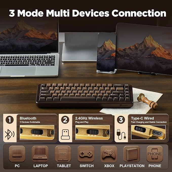 YUNZII WOOD68 Wireless Mechanical Keyboard, 65% Layout Wood Gaming Keyboard - Image 3