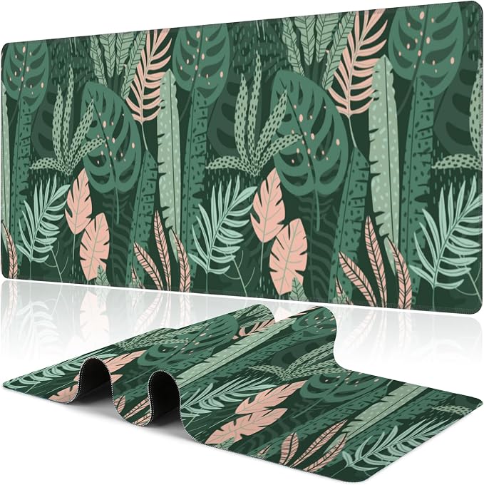 Tropical Plants and Leaves Desk Mat, Large Tropical Palm Leaves Gaming Keyboard by NIYLYNSYN