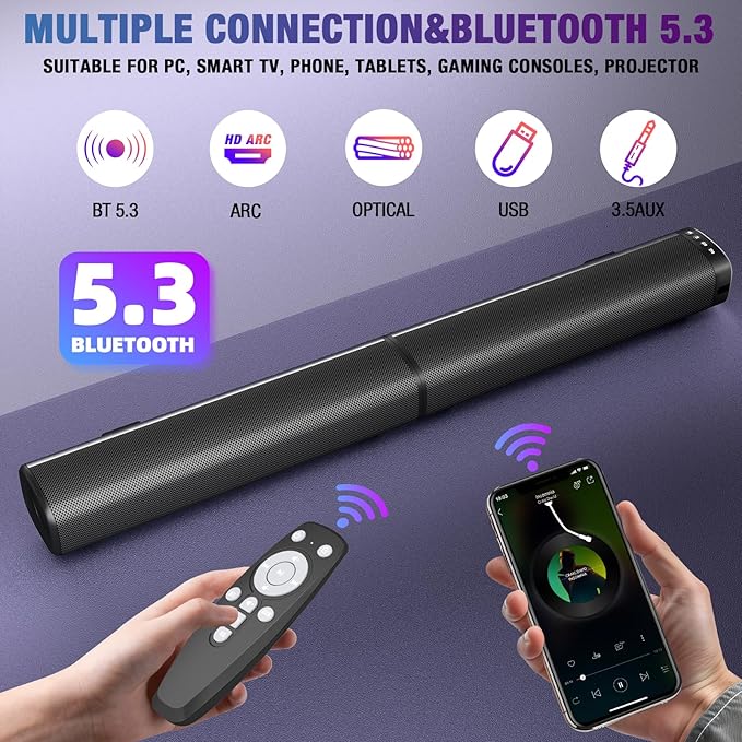 Sound Bar, 100W Sound Bar for Smart TV, 2 in 1 Detachable Home Speaker Bass - Image 2