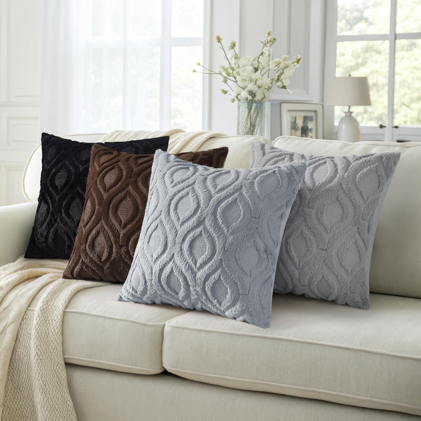 decorUhome Fall Throw Pillow Covers 26x26 Inch Set of 2, Soft Plush Decorative Faux Fur Blue Grey Solid Couch Pillow Covers, Accent Farmhouse Neutral Square Euro Pillow Cases for Sofa Bed Living Room