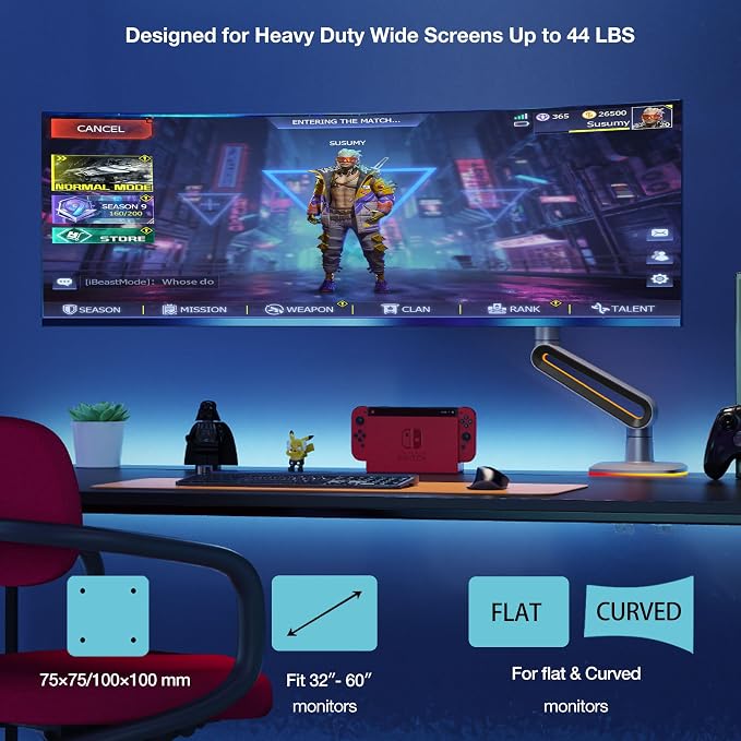 RGB Gaming Monitor-arm for Flat/Ultrawide/Curved Monitors 32 to 60 inch - Image 6