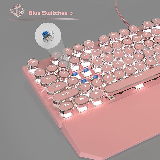 MageGee Typewriter Mechanical Gaming Keyboard, Retro Punk Pink Round Keycaps - Image 4