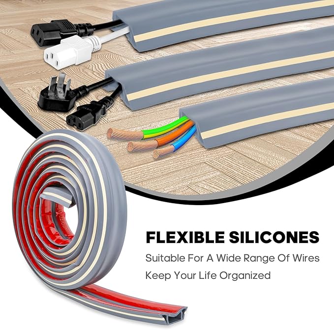 10ft Large Grey Floor Cord Cover, Self-2" x 0.6", Cable Cavity:0.8" x 0.4" - Image 4