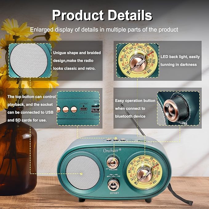 Oncheer Portable Retro Vintage Bluetooth Speaker Radio, FM/AM/SW 3 Band - Image 6