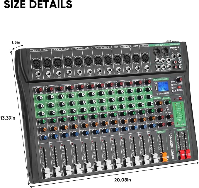 12 Channel Audio Mixer, Professional DJ Mixer Board Sound Music Mixing Console - Image 9
