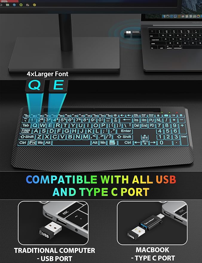 Wireless Keyboard and Mouse Backlits, Wrist Rest, LED Mouse, Rechargeable - Image 2