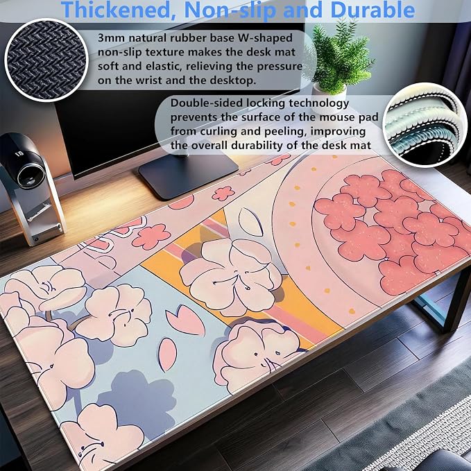 Pink Floral Mouse Pad XXL Cute Anime Gaming Desk Mat 31.5"x15.7", Thickened - Image 3