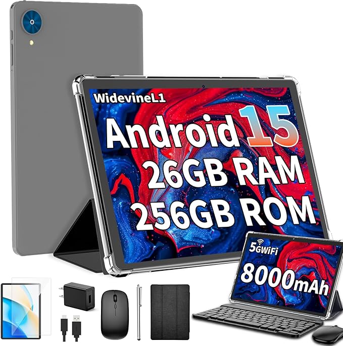 Android 15 Tablet with Keyboard, 26GB+256GB, 10.1 Inch Tablet 8000 mAh Battery by YLEEBG