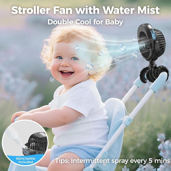 2025 Upgarded 4000mAh Misting Baby Stroller Fan, Rechargeable Battery Operated - Image 2