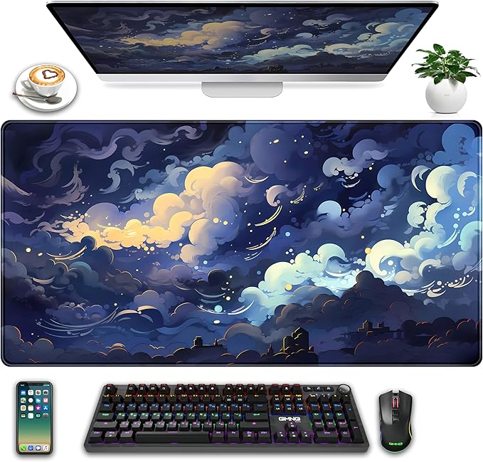 Blue Clouds Desk Mat Large XXL Gaming Mouse Pad Non-Slip Rubber Base Mousepad by LuckyCow