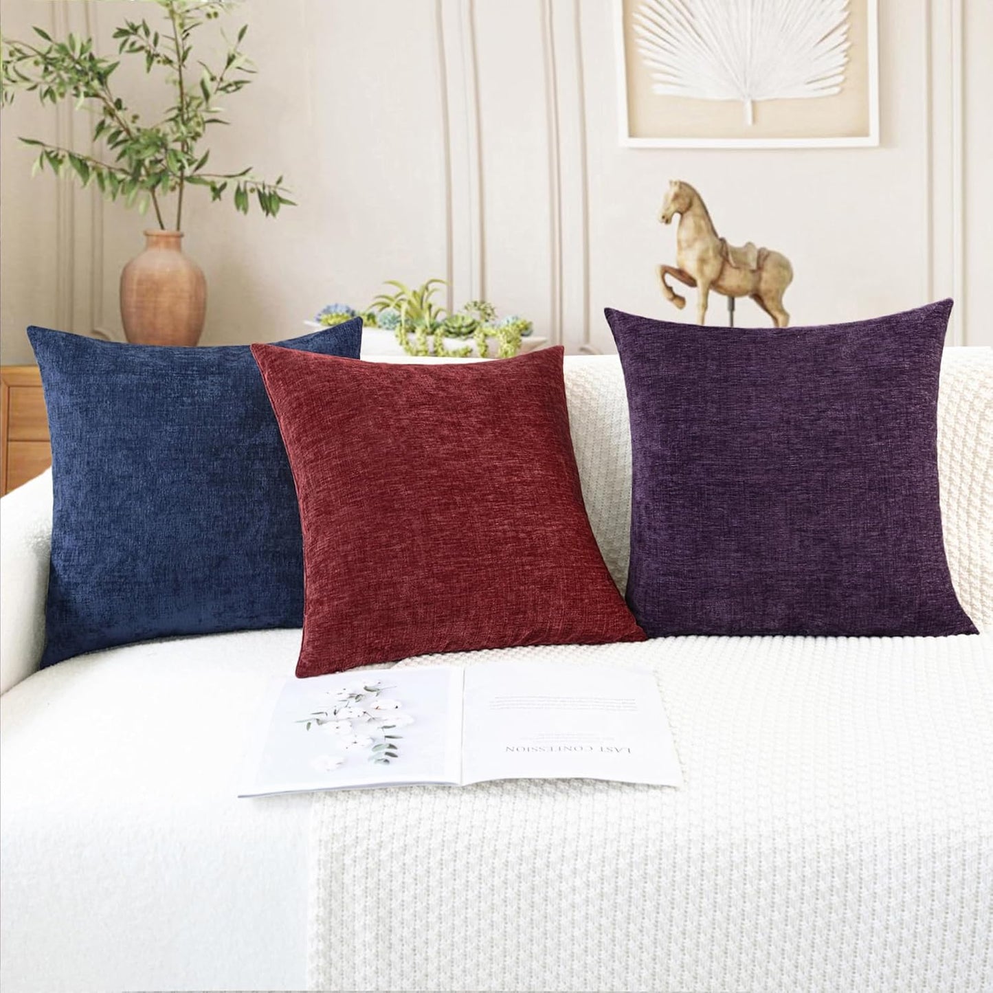 CaliTime Throw Pillow Covers Decorative 26 X 26 Inches Pack of 2 Cozy Chenille Cushion Cases for Couch Sofa Bed Living Room Home Plum Purple