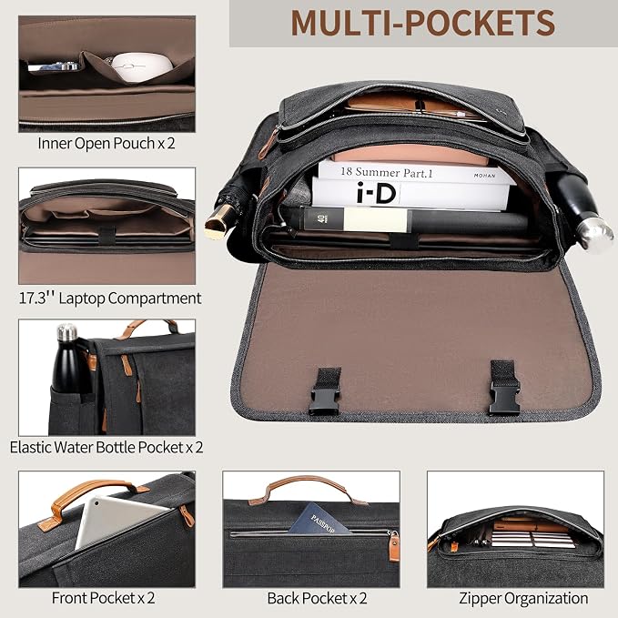 ESTARER Men's Messenger Bag 17.3 Inch Upgraded, Water-resistant Canvas Laptop - Image 4
