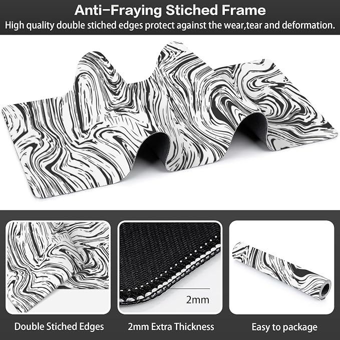 Black and White Marble Desk Mat, Large Abstract Marble Texture Gaming Keyboard - Image 3